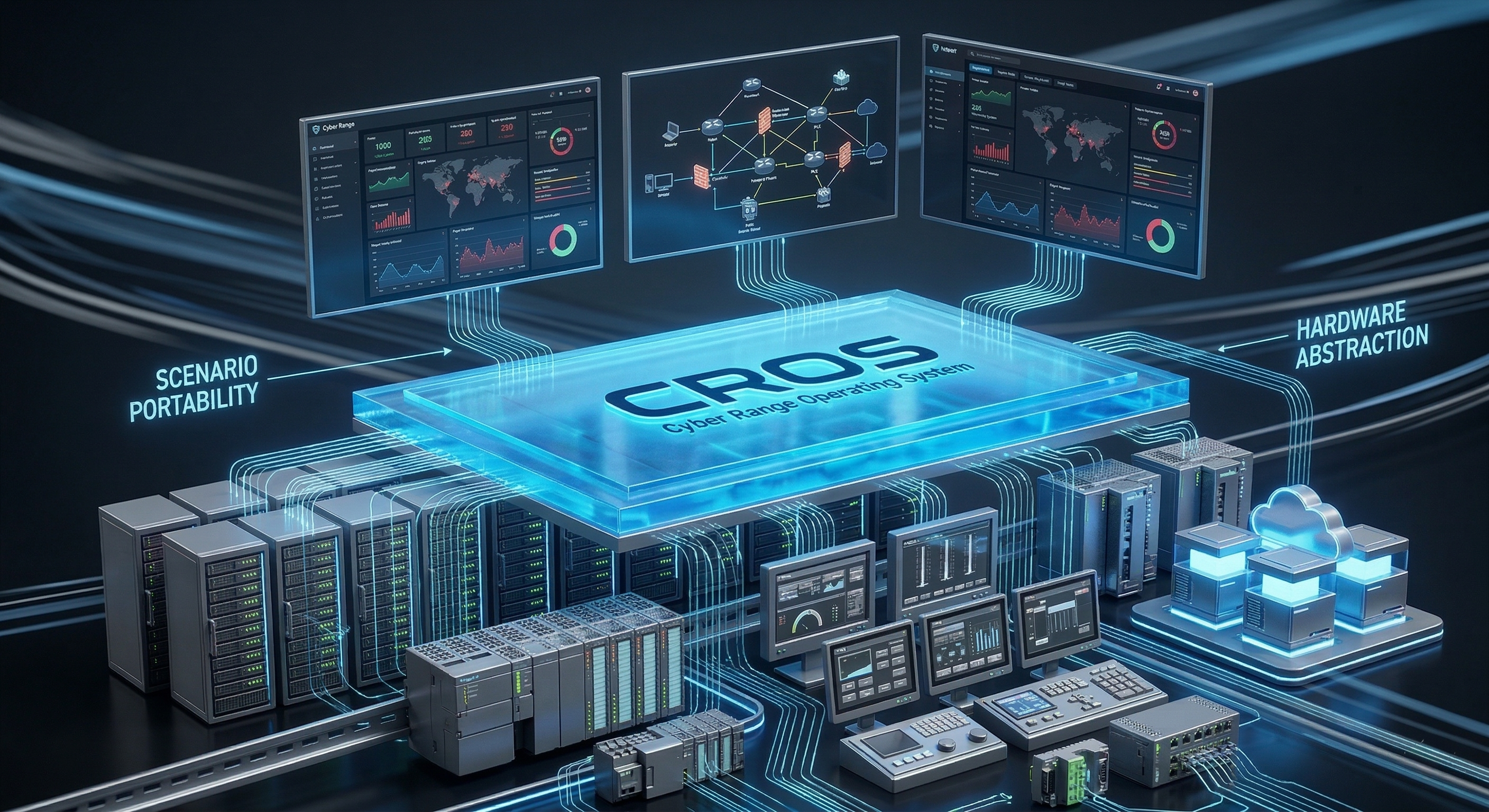 CROS architecture diagram showing the three-layer abstraction: infrastructure, CROS platform, and cyber range scenarios