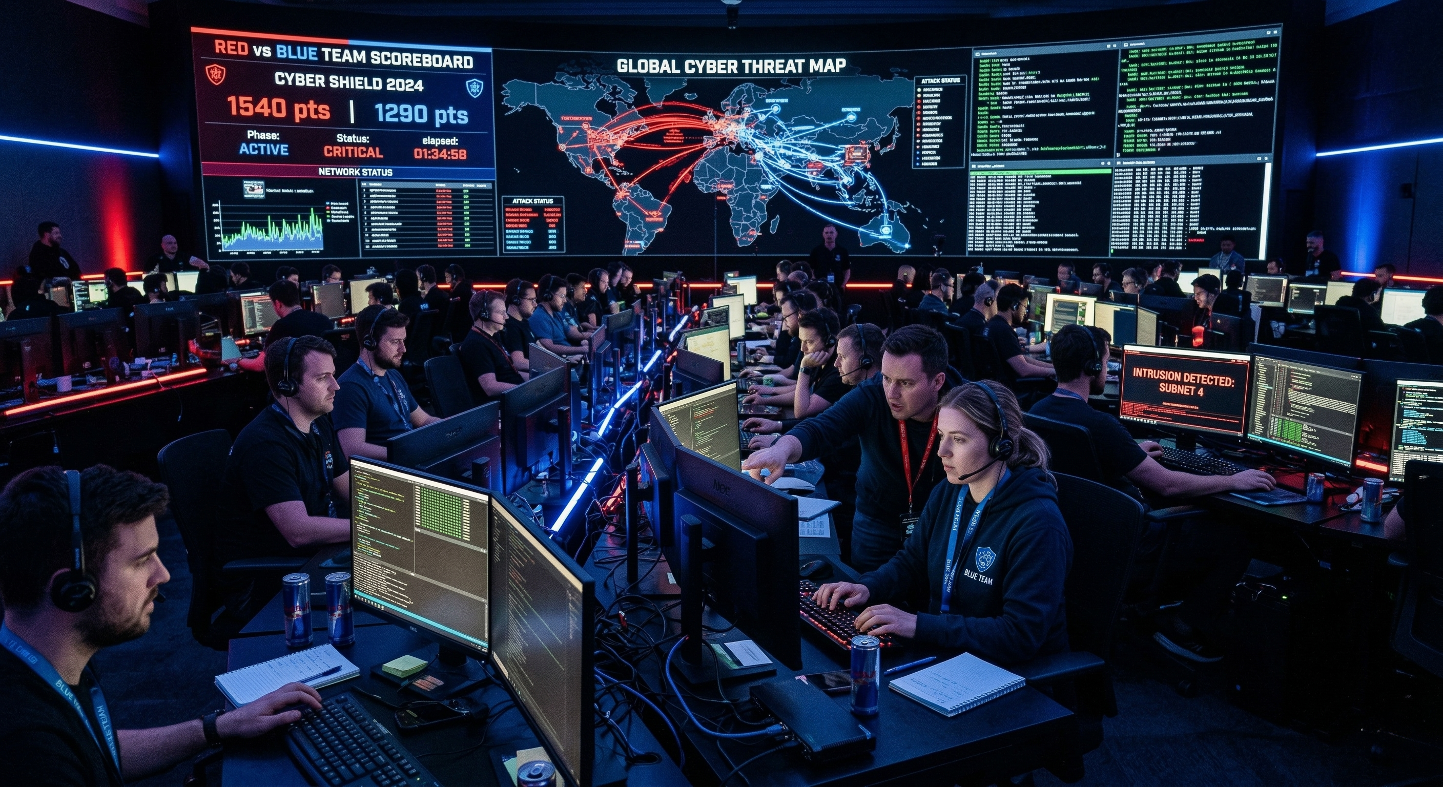 Locked Shields cyber defence exercise — teams at workstations in a darkened operations room