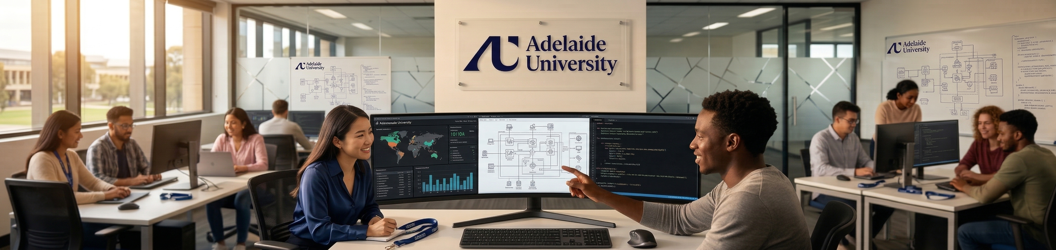 Students collaborating in the CyberLab, pair-programming and discussing architecture