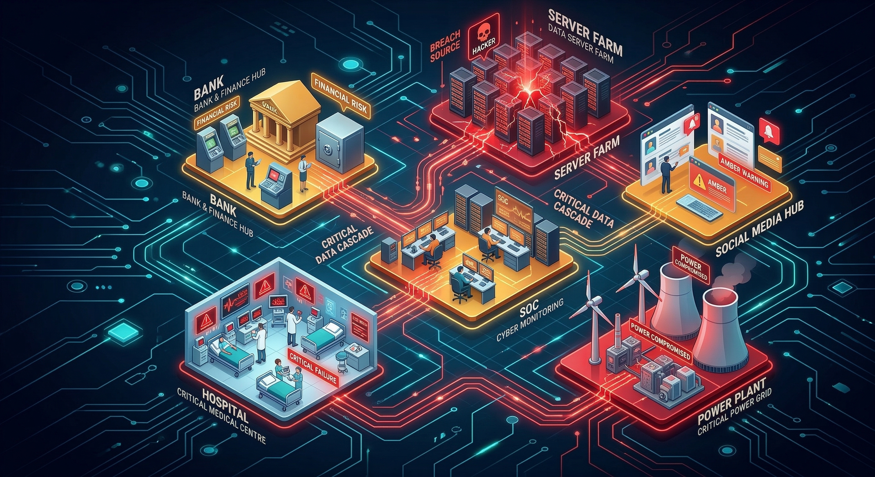 System-of-systems cascade showing interconnected critical infrastructure with a breach propagating across systems